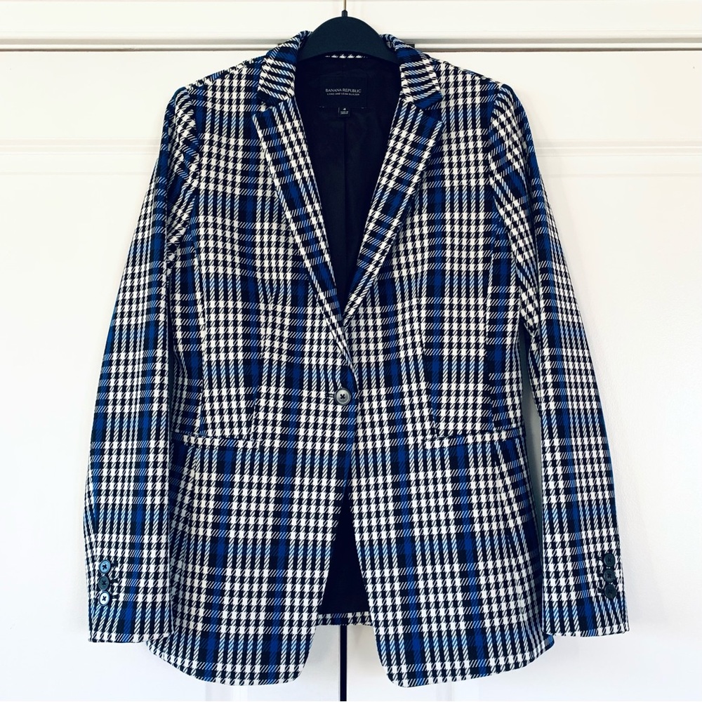 Banana Republic Long and Lean Blazer Plaid Jacket 1 Button Blue Black Size 4